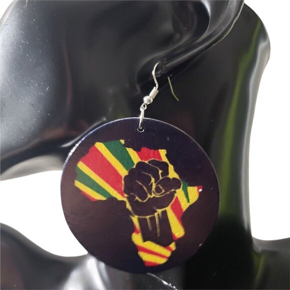 Womens Wood Painted Power Fist African American Round Retro French Hook Earrings - Picture 1 of 4
